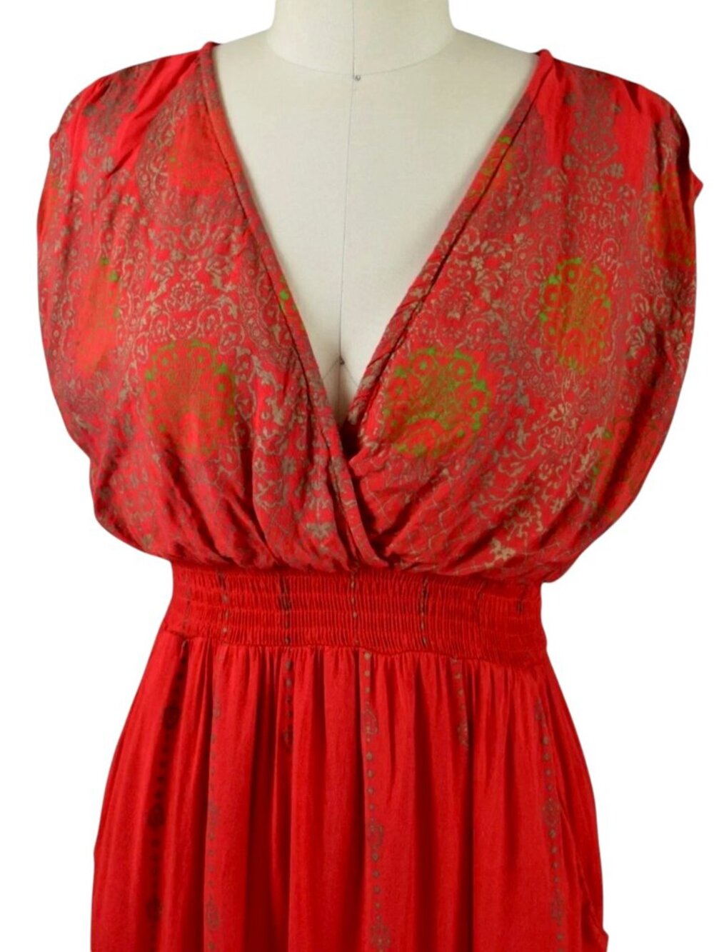 LAPOGEE TRIBAL PRINT RED GOLD BOHEMIAN V-NECK MAXI DRESS - Picture 4 of 9